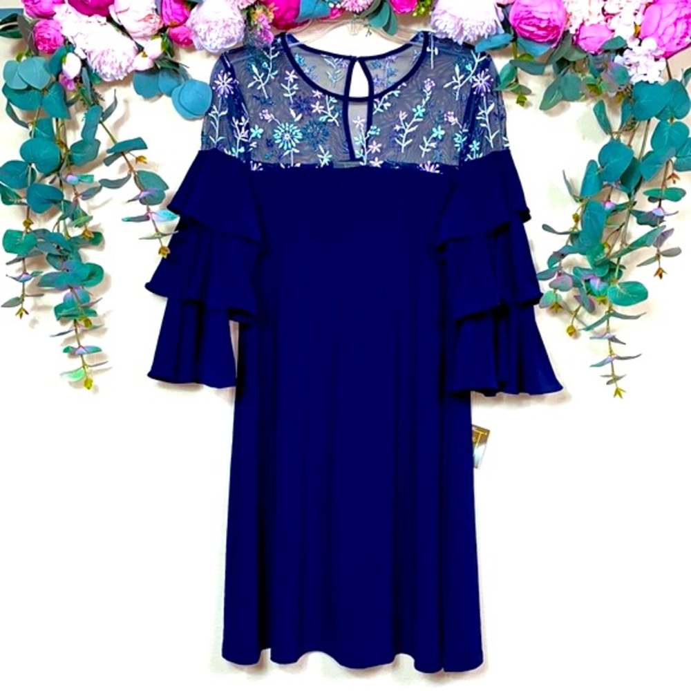 •melonie• Floral Embroidered Mesh Chest {three tier statement sleeve} Navy Dress